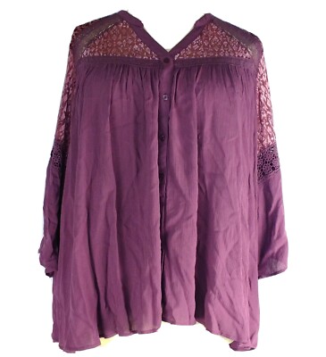 NEW Roamans Purple Plus Size 30W Top Babydoll Crinkle Fabric Lace Trim Hi-Low