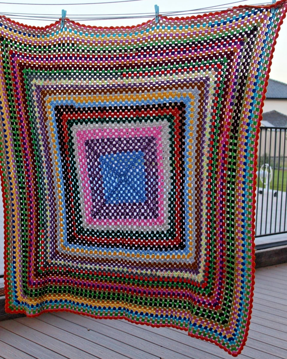 Crochet Knit Light Wool Rug 125 x 125 cm Handmade Rainbow Square-Stripe 900-gram