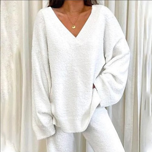 Women Fuzzy Fleece Loungewear Pajama Set Long Sleeve Top Wide Leg Pants S-XXXL - Picture 12 of 23