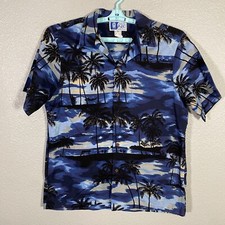 Vintage RJC Shirt Mens Large Blue Hawaiian Camp Ocean Beach Palms Sunset Floral