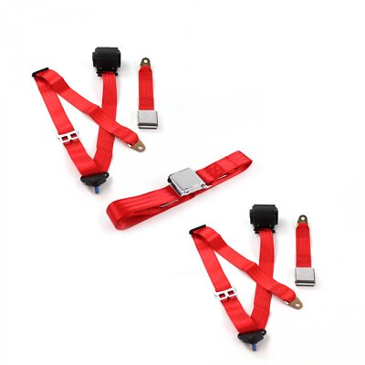 AMC AMX 1967 - 1974 Airplane 3pt Red Retractable Bench Seat Belt Kit - 3 Belts