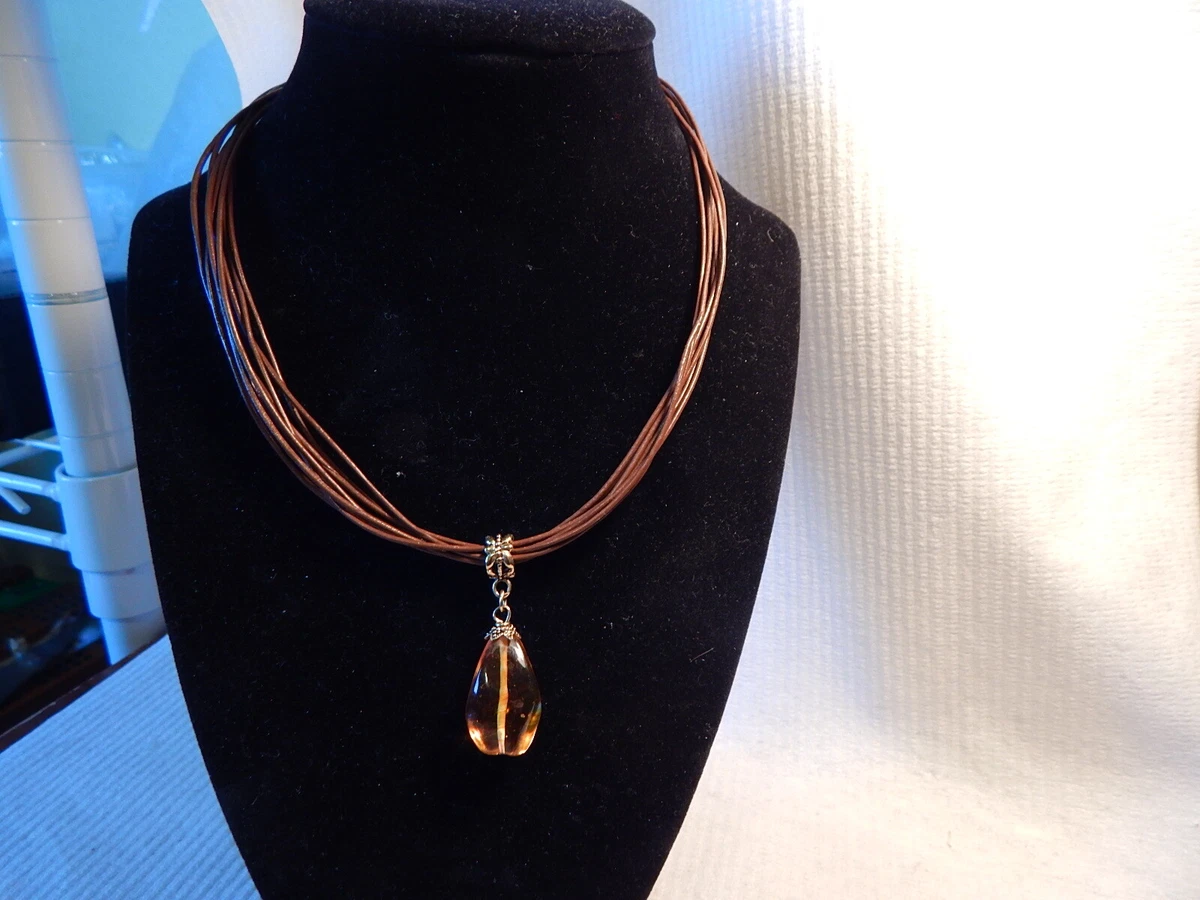 LIA SOPHIA LEATHER STRAND CHOKER NECKLACE AMBER PENDANT DROP GOLD