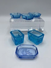 LOT of 6 ANTIQUE BLUE GLASS OPEN SALT Rectangle CELLARS EAPG /roh