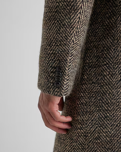 Express Men's Brown Herringbone Wool Blend Long Winter Topcoat Sz M - Picture 5 of 13
