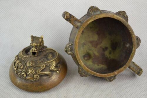 Antique folk collectable Old Bronze Incense Burner Lid w Dragon Censer Signed h8 - Picture 3 of 5