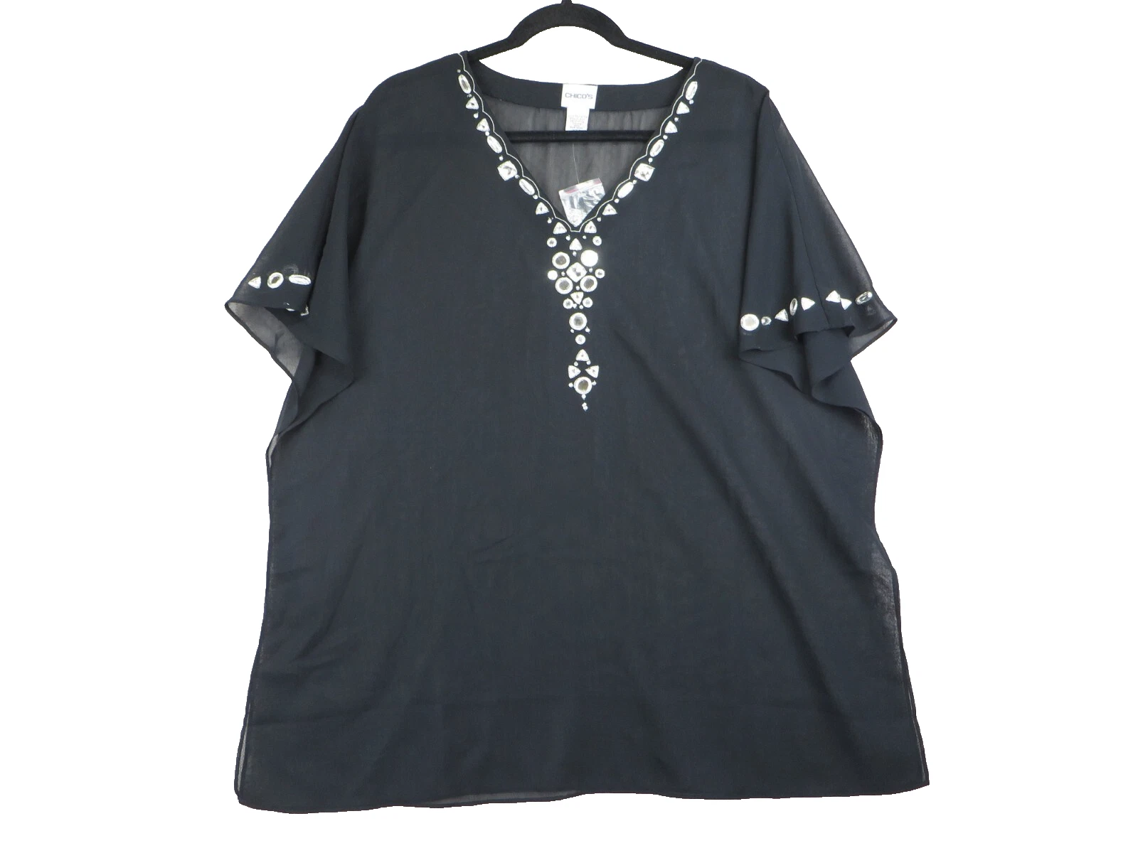 NWOT Chico's Black Size 2 Mirror Trim Poncho Swim Cover-up Travel Boho Hippie