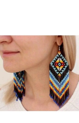 Tribal Earrings Native Large Boho American Seed Beads Handmade Earring
