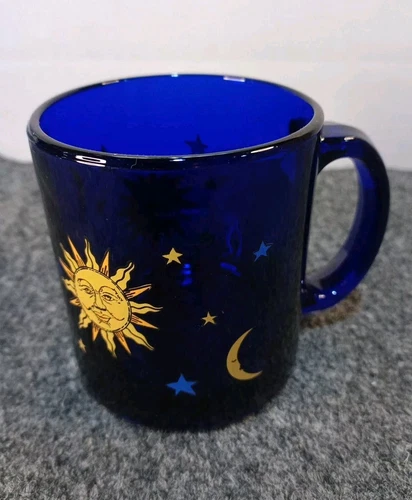 Vintage Libby Celestial Cobalt Blue Moon Sun & Stars Coffee Cup 4"