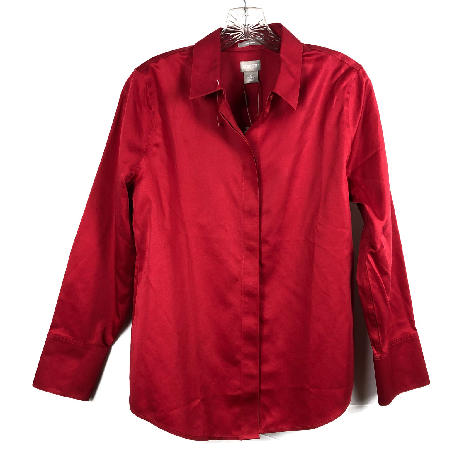 Chicos 0 No Iron S Sateen Tunic Top Button Front Red Stiletto Long Sleeve NEW