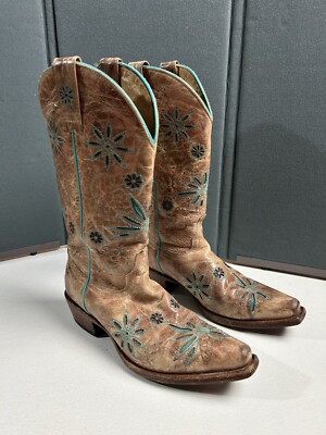 Shyanne Daisy Mae Brown Teal Floral Distressed Leather Cowgirl Boots 6.5 B EUC