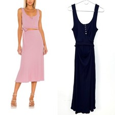 Lovers Friends Cut Tied Ribbed Dress MIDI Navy Large L