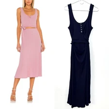 Lovers Friends Cut Tied Ribbed Dress MIDI Navy Large L