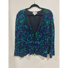 Laurence Kazar Silk Sequin Jacket XXL Blue Green Beaded Evening Top