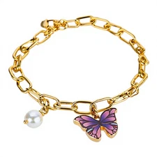 Gold Plated Butterfly Bracelet, Purple Charm & Pearl Accent, Dainty Gift