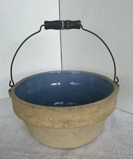 Antique Primitive Farmhouse Yellow Ware Mixing Bowl w/ Handle Light Blue Glaze 