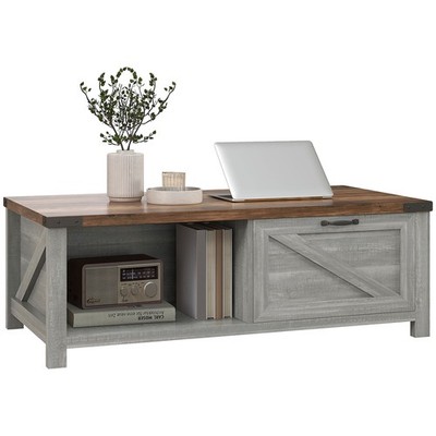 Farmhouse Style Living Room Coffee Table w/ Open Storage & Barn Door Design Grey