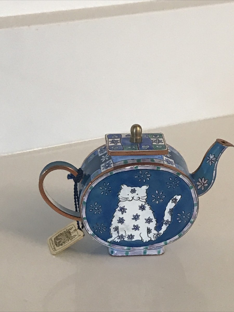 Vtg 1999 Charlotte Di Vita Copper &Enamel Miniature Cat Teapot