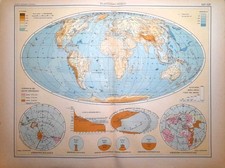 PLANISFERO FISICO MAPPAMONDO carta geografica del 1951 Atlante Zanichelli
