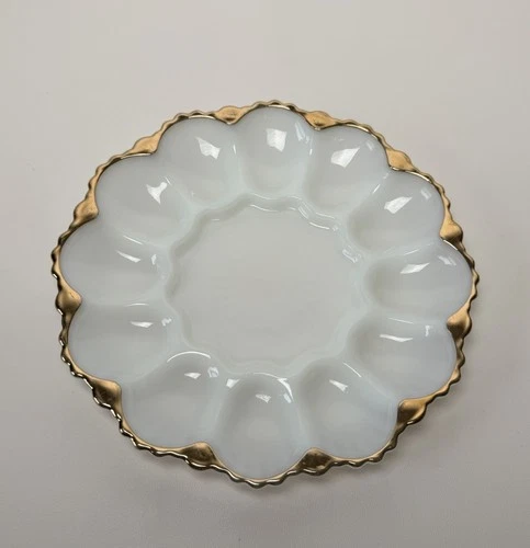 Vntg Anchor Hocking Fire King White Milk Glass Deviled Egg Oyster Dish Gold Trim