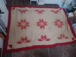 Antique 19th C. Hand Sewn Red & White Star Quilt
