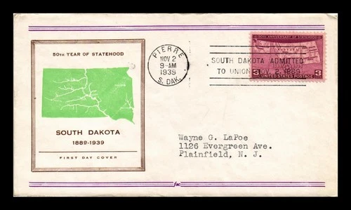 US COVER SOUTH DAKOTA STATEHOOD 50TH ANNIVERSARY FDC SCOTT 858 FIDELITY CACHET