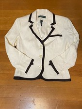 Lauren Ralph Lauren Jacket 2P White w Brown Trim 100 Linen Blazer Cropped