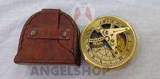 Nautical brass sundial pocket compass with leather case vintage gift.