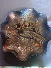 Fenton Peacock & Urn Carnival Glass Ruffled Bowl, Blue Iridescent