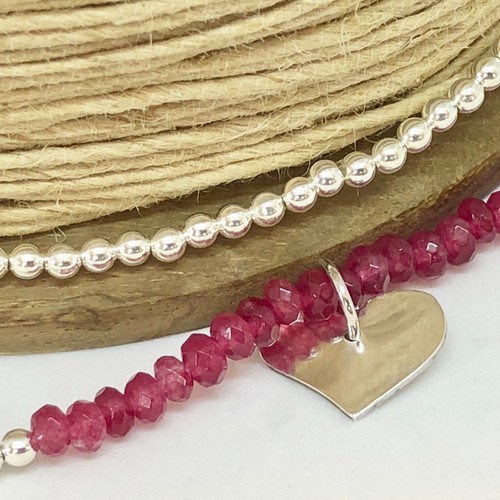 Ruby Silver Heart Stretch Bracelet Handmade Stacking Bracelet - Picture 5 of 6