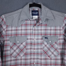 Wrangler Shirt Men Medium Gray Plaid Firm Canvas Western Pearl Snap