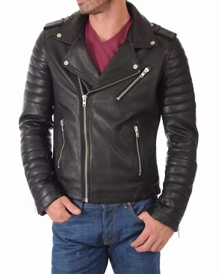 Herren schwarze gesteppte Bikerjacke 100% echtes Lammleder Leder Motorradjacke