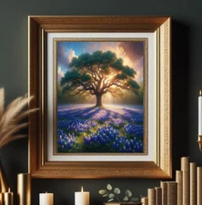 Texas Bluebonnets Flowers Oak Tree Nature landscape painting print poster  art