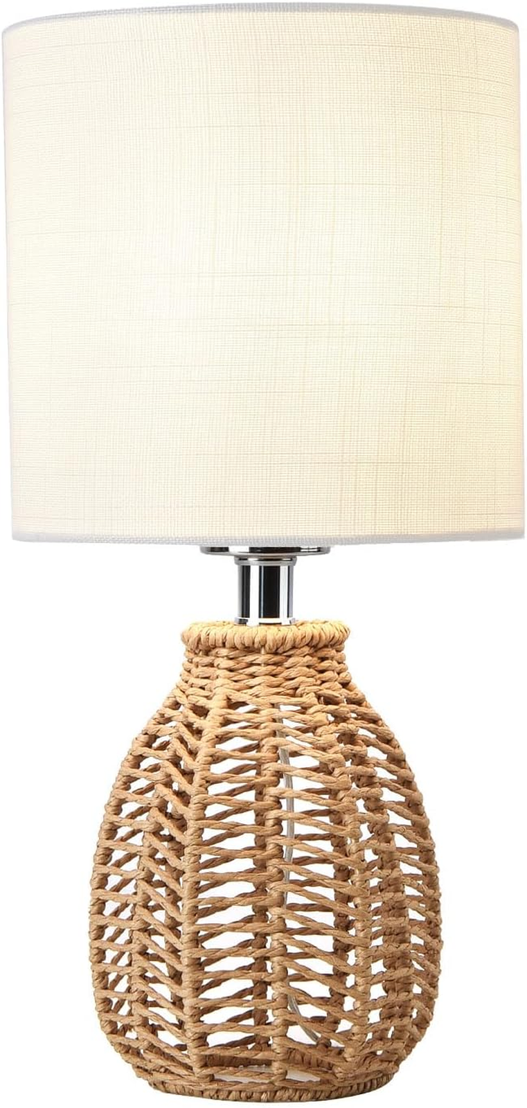 Rattan Table Lamp, Small Nightstand Lamp with Linen Fabric Lampshade, Desk Lamp