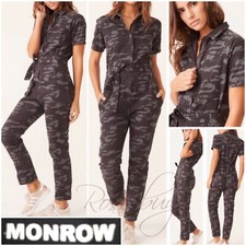 NWT $298 Monrow Camo Jumpsuit w/Belt SML Vintage Black Cotton Twill Made in USA