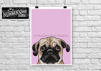 Mops Welpe rosa Kunstwerk Illustration Druck, signiert vom Künstler. Limitiert sehr selten.