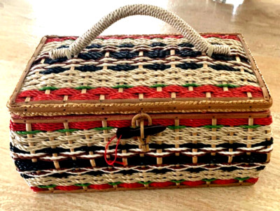 Vintage SEWING CRAFT BASKET Plastic Wicker Box Case Mending Kit Silk Horn Clasp
