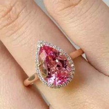 2Ct Pear Cut Lab Created Pink Sapphire Halo Wedding Ring 14K Yellow Gold Finish