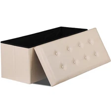 43" Folding Storage Ottoman Bench Faux Leather Footrest Chest with Divider Beige