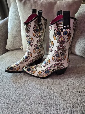 Blazin Roxx boots Sugar Skull Pointed Toe Size 10 Rain Boot Day Of The Dead Used