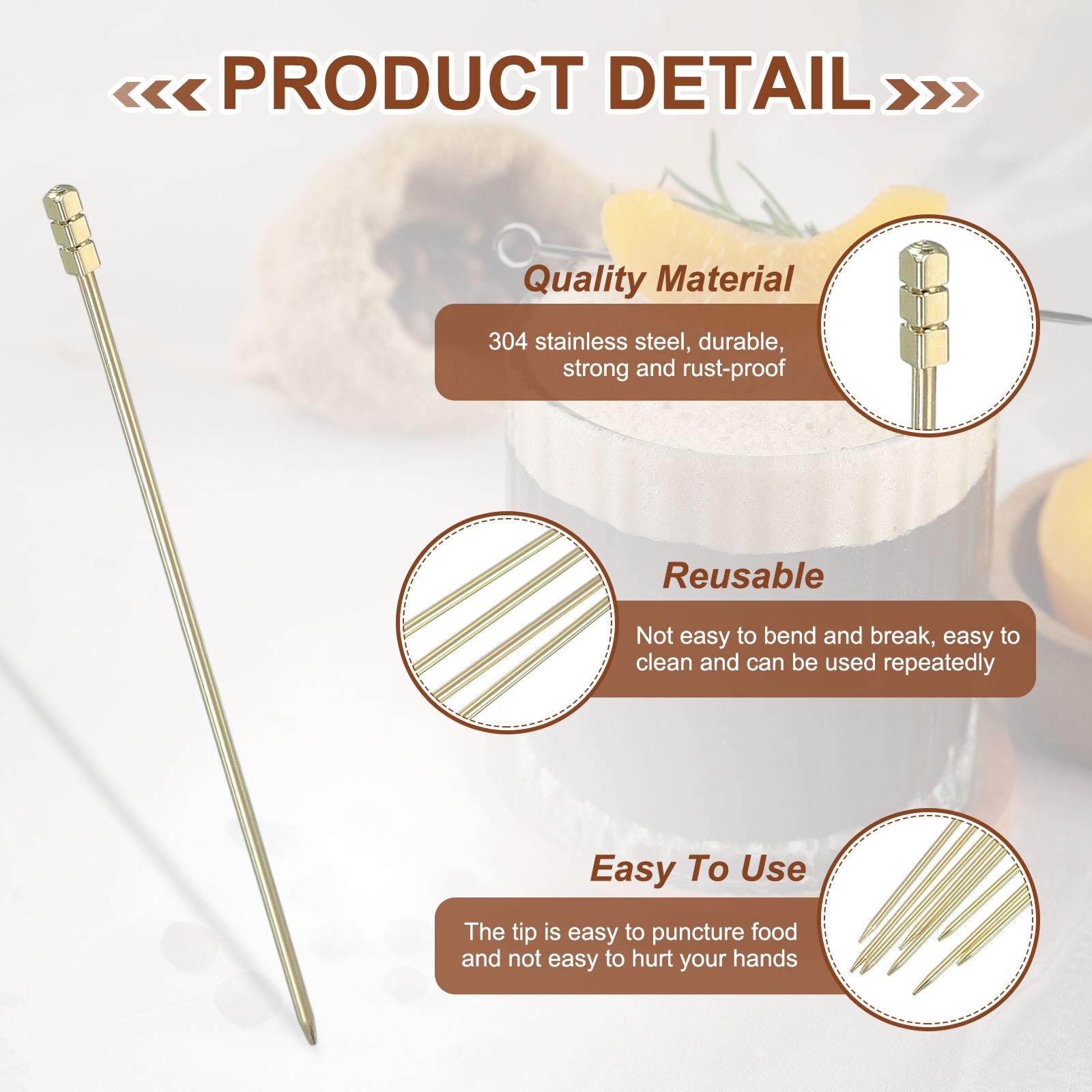 8 Pcs Stainless Steel Cocktail Picks, 4.33" Gold (Square Column)