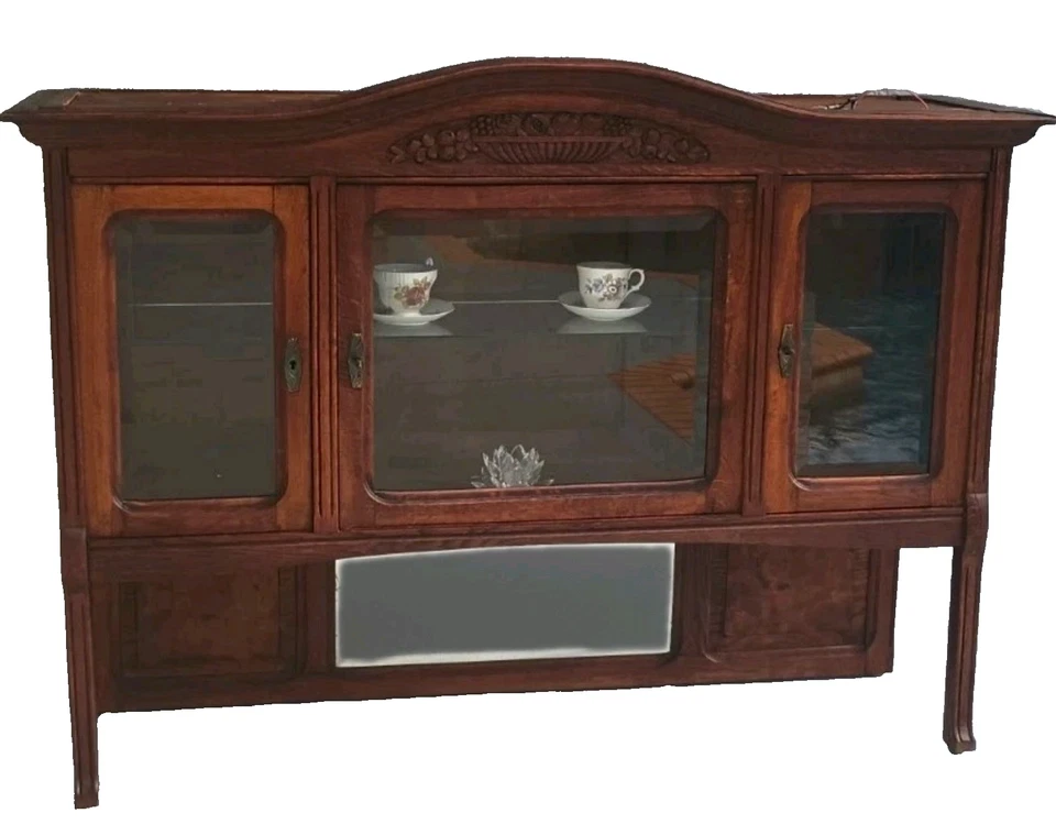 Antiguo 1870 Victoriano Eastlake Roble Hutch Superior Gabinete Vidrio Estante Luz LED Llaves Foto 2 de 4