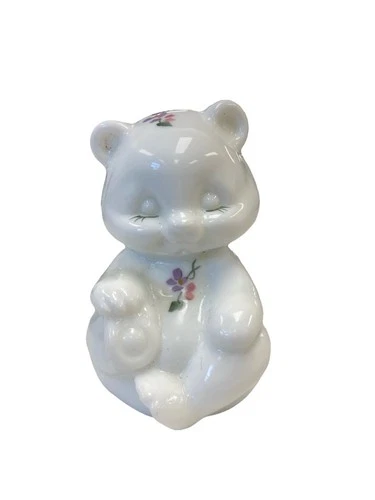 Fenton Glass Bear Figurine Hand Painted Florals Milk Glass Signed 3.5"