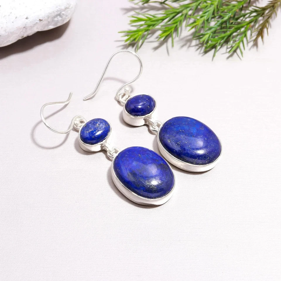Orecchini Fatti A Mano In Argento Sterling 925 Con Gemma Di Lapis Lazuli AR-78 - Immagine 4 di 4