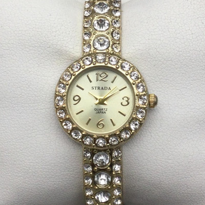Strada Womens Watch 24mm Gold Tone Rhinestone Bangle Bracelet 24mm New Battery