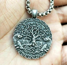New Mens Norse Viking Amulet Fenrir Wolf Celtic Tree of Life Pendant Necklace