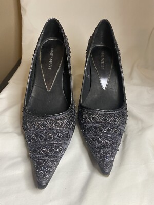 Nine West Womens High Heel Pumps Size 9M Black Satin Fabric Embroidered  Beaded