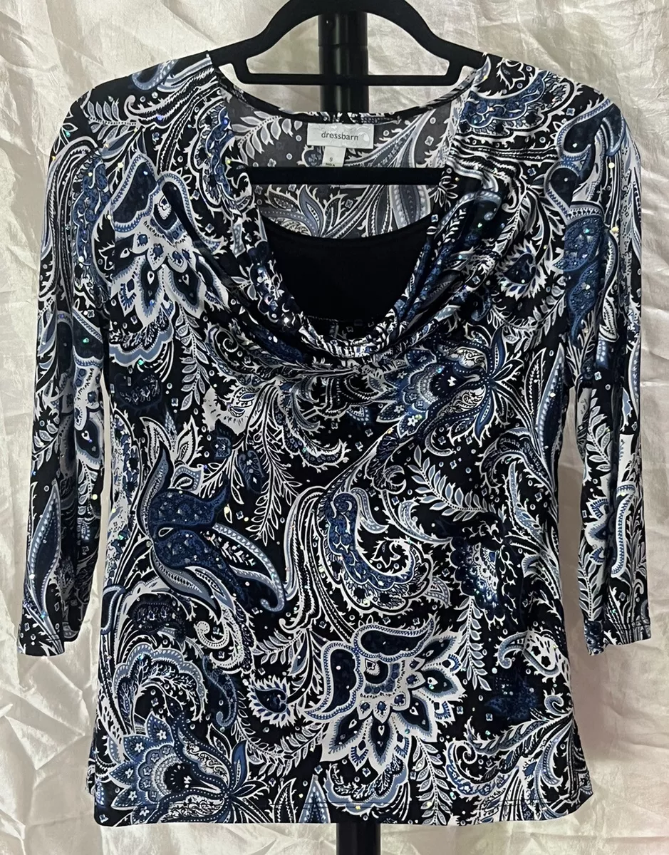 Dress Barn Shirt Womens Small Slinky Blue Black Sparkle Top Blouse