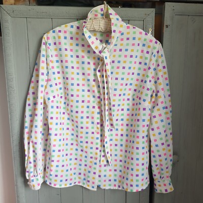 Vintage 60er Nylon Regenbogen Quadrate Bluse Gr. 12 Muschi Schleife Krawatte Retro Mod