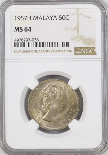 Mazuma *N1172 NGC Malaya Queen Elizabeth QEII 1957H 50 Cents Rare MS64