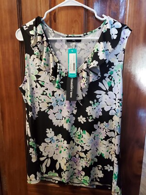 Karl Lagerfeld Paris Women s Size Large  Floral Print Sleeveless Ruffle Top  NEW